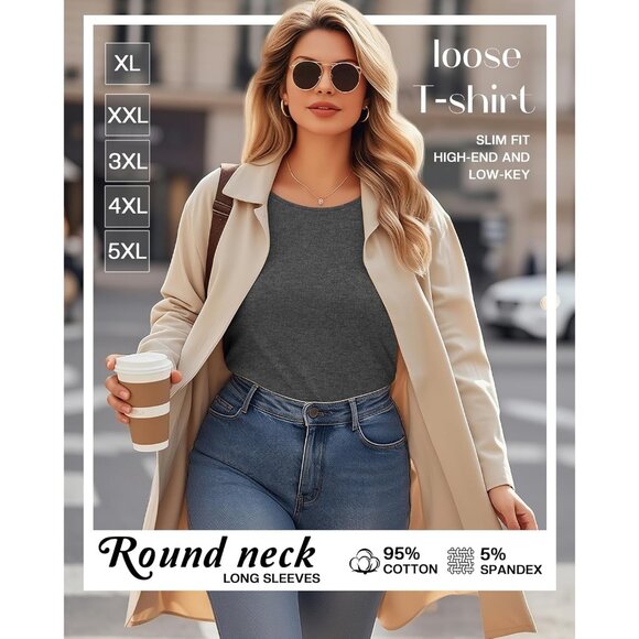 3 Pack Women's Plus Size Cotton Long Sleeve Tops Casual Blouses - Picture 3 of 6